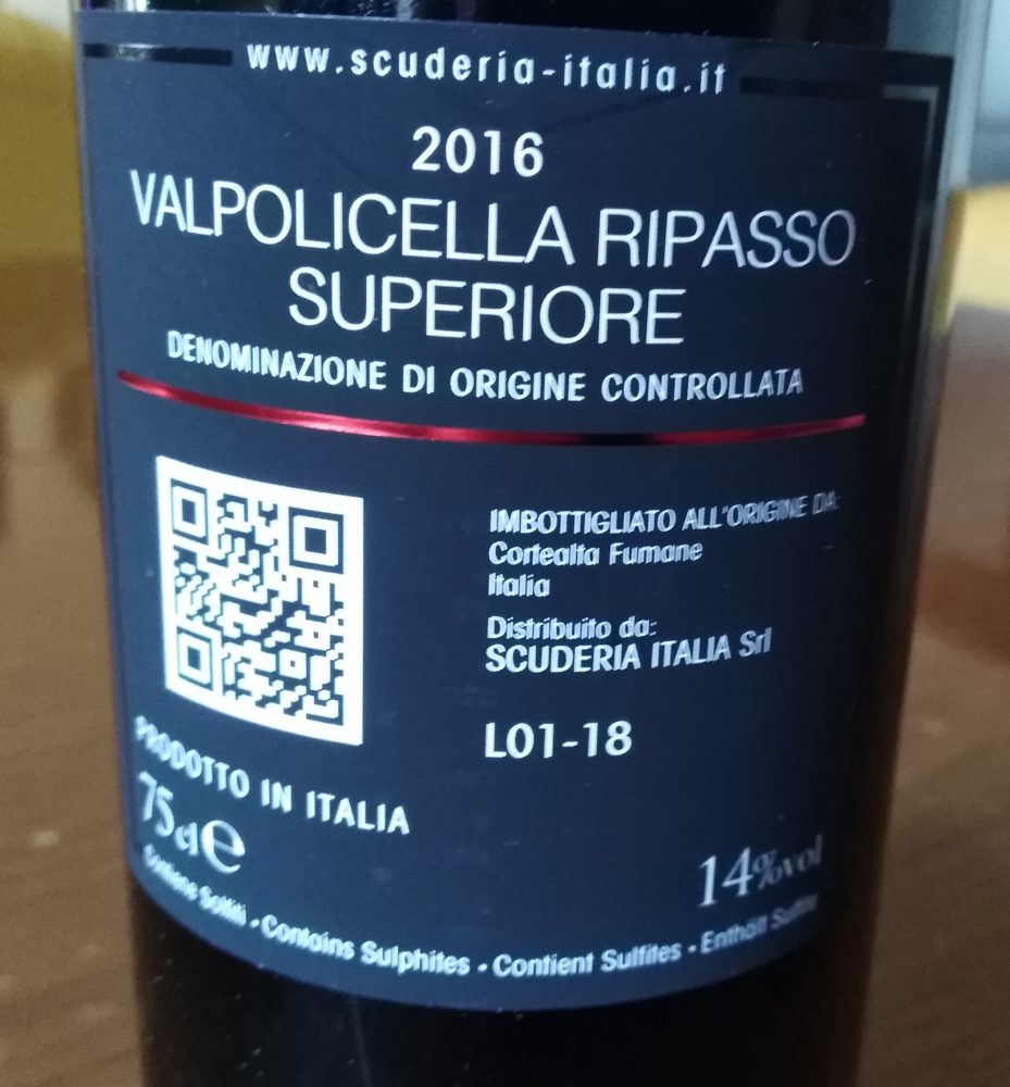 Controetichetta Valpolicella Ripasso Superiore Doc 2016 Scuderia Italia