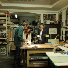 L'artista Gianni Politi e i cofounder Maddalena Salerno, Lelio Orsini. Litografia Bulla Roma