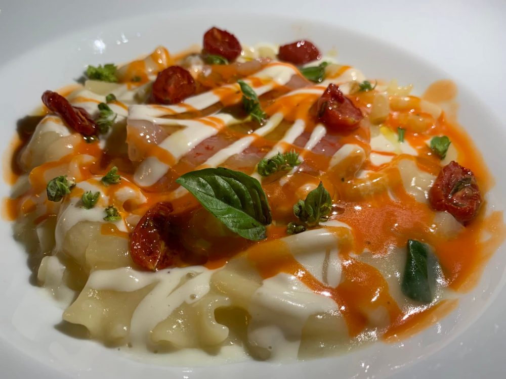 Le tre sorelle a Casal Velino, pasta e patate con gamberi