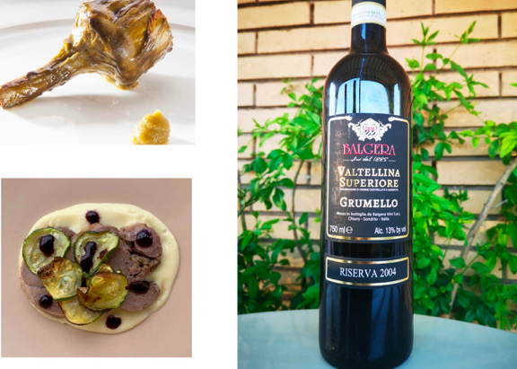 Grumello 2004 in abbinamento con Carciofo al rosmarino di Niko Romito e Agnello con purea di patate affumicato e riduzione di vino di Oasis Sapori Antichi