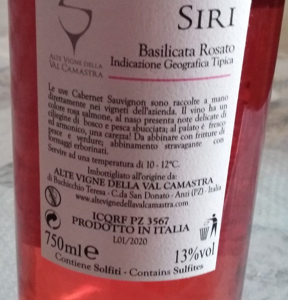 Controetichetta rosato Siri Basilicata Igt 2019 di Val Camastra