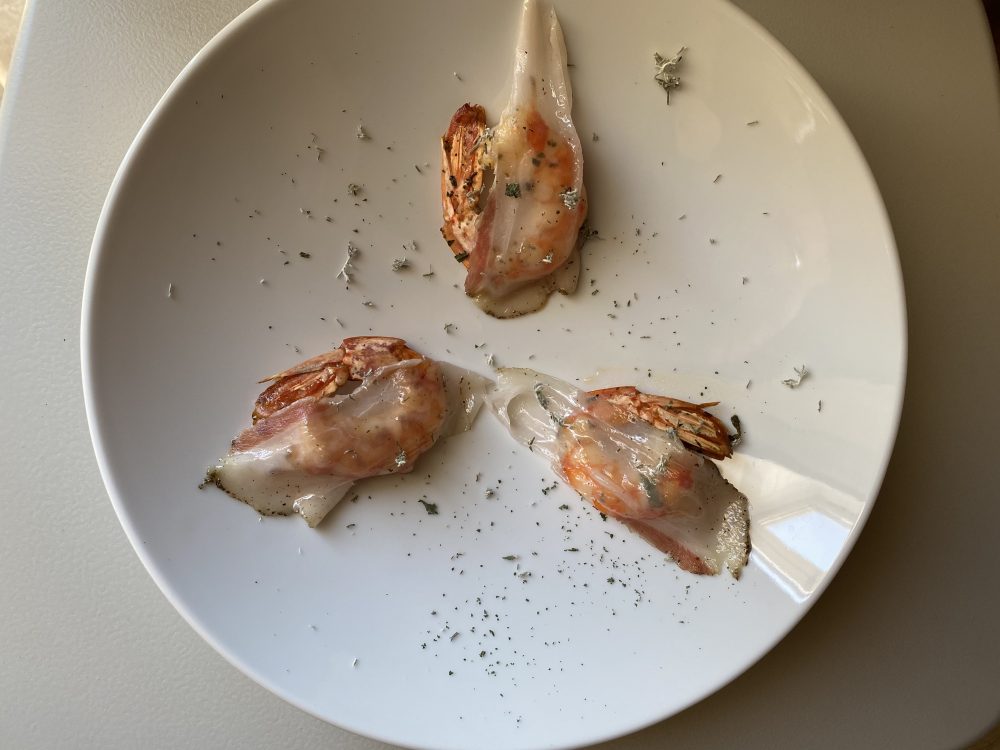 Enosteria Tage' - Gamberi con lardo del prosciuttificio Ciarcia