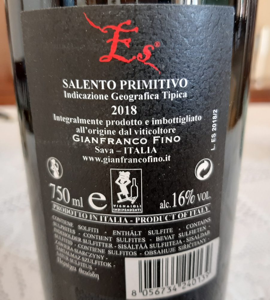 Controetichetta Es Primitivo Salento Igt 2018 Gianfranco Fino