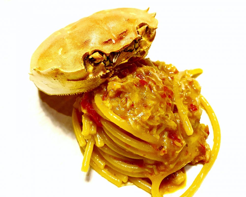 Serica, Spaghetti al Granchio, Pomodorini Confit, Zenero e Shao Xin