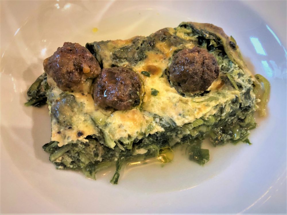 Botteghe Antiche, timballo di cicorielle selvatiche, uova e polpette di carne