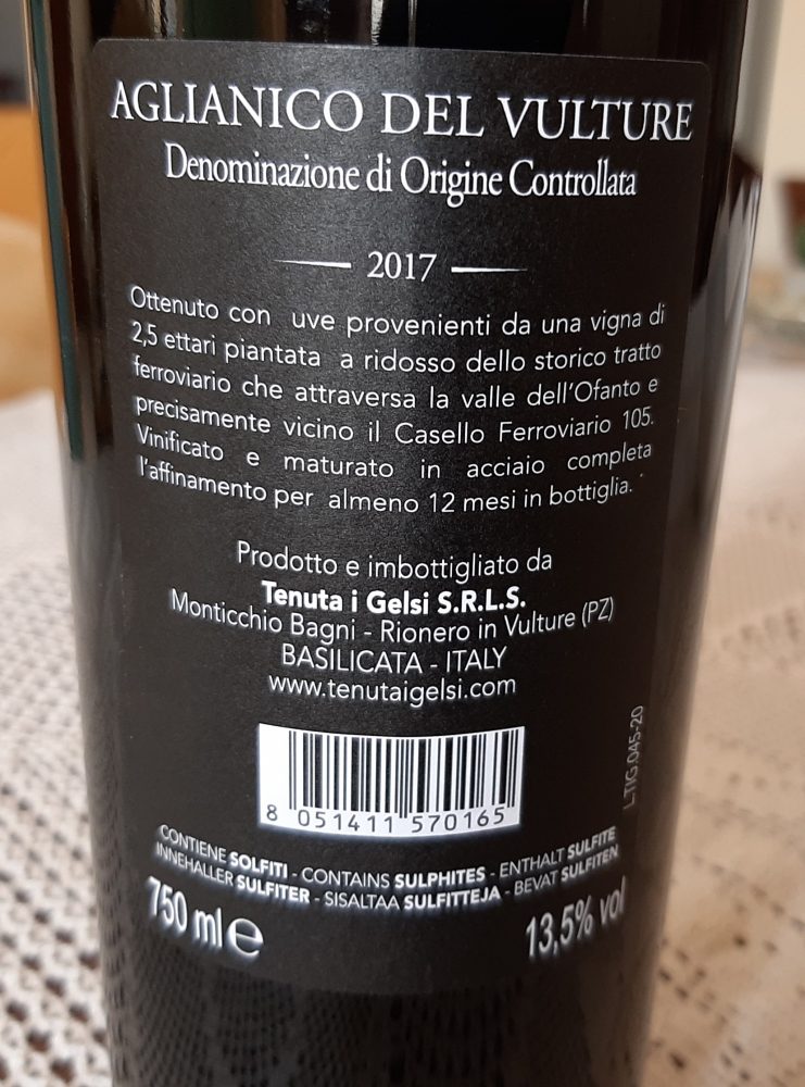 Controetichetta Casello 105 Aglianico del Vulture Doc 2017 Tenuta I Gelsi