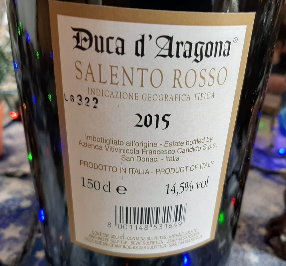 Controetichetta Duca D'Aragona Salento Rosso Igt 2015 Candido