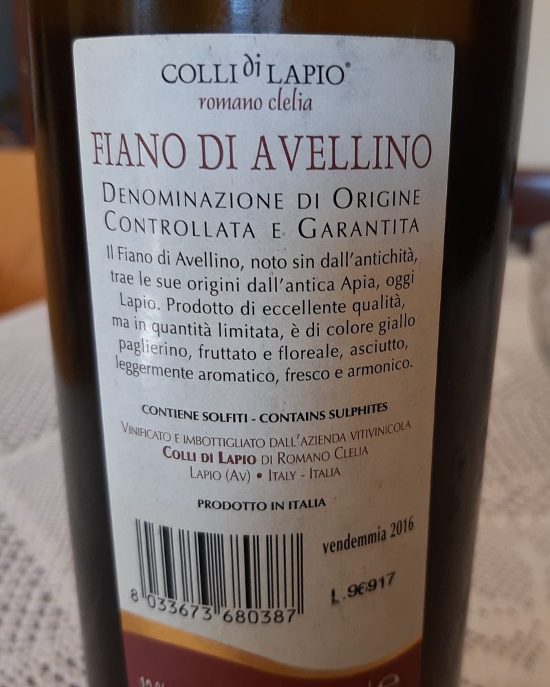 Controetichetta Colli di Lapio Fiano di Avellino Docg 2016 Romano Clelia