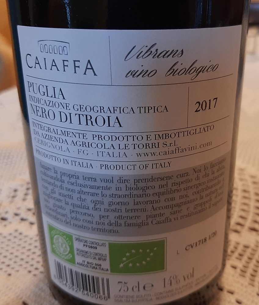 Controetichetta Vibrans Nero di Troia Vino Bio Puglia Igt 2017 Caiaffa