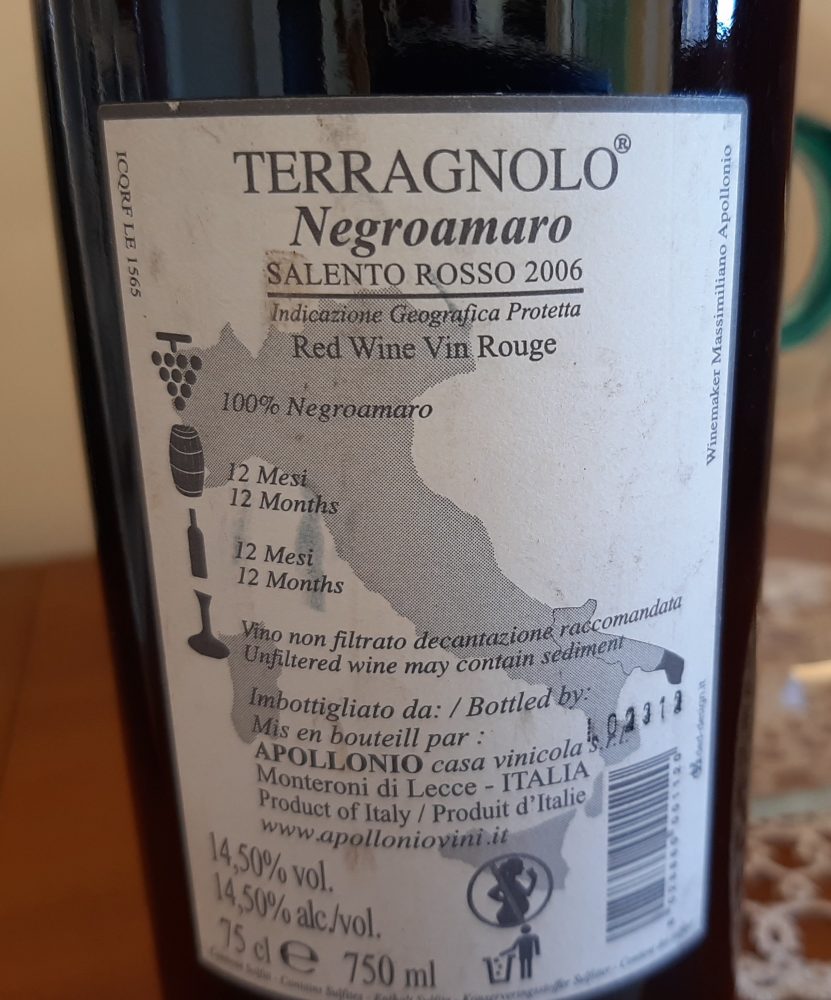 Conttroetichetta Terragnolo Negroamaro Salento Rosso Igp 2006 Apollonio