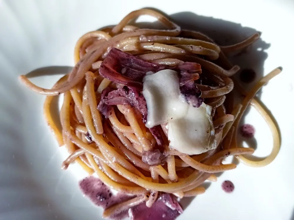 La Fattoria del Melopiano - Lo spaghettone artigianale con riduzione all'Aglianico, Crema di Pecorino del Matese, Cipolla di Alife e Lardo