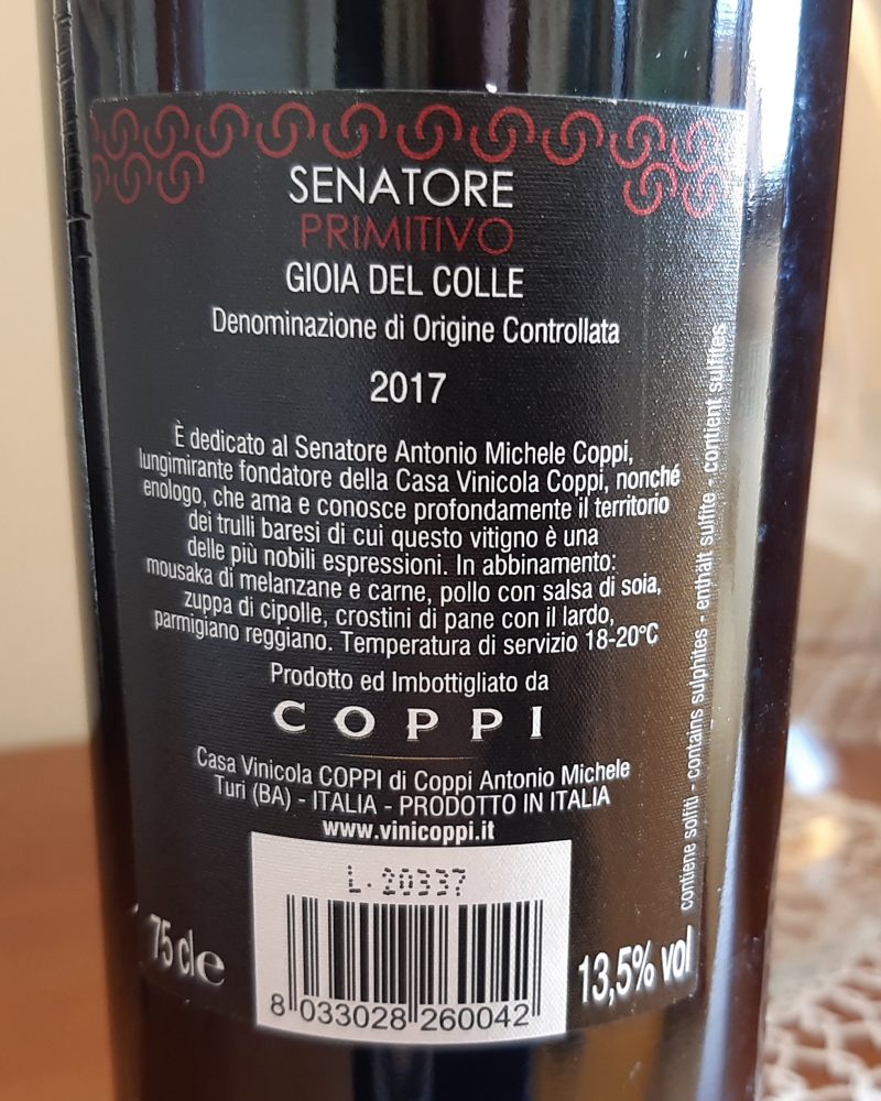 Conttoetichetta Senatore Primitivo Gioia del Colle Doc 2017 Coppi