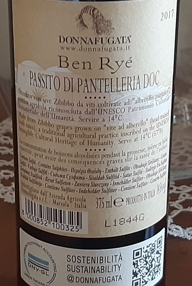 Controetichetta Ben Rye' Passito di Pantelleria Doc 2017 Donnafugata