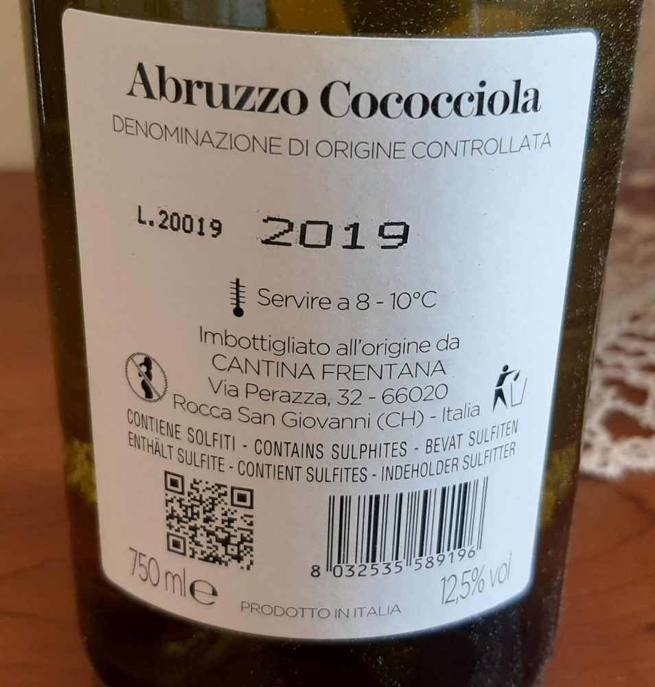 Controetichetta Costa del Mulino Abruzzo Cococciola Doc 2019 Cantina Frentana