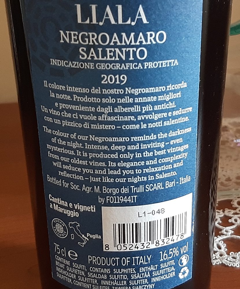 Controetichetta Liala Negroamaro Salento Igp 2019 Masseria Borgo dei Trulli