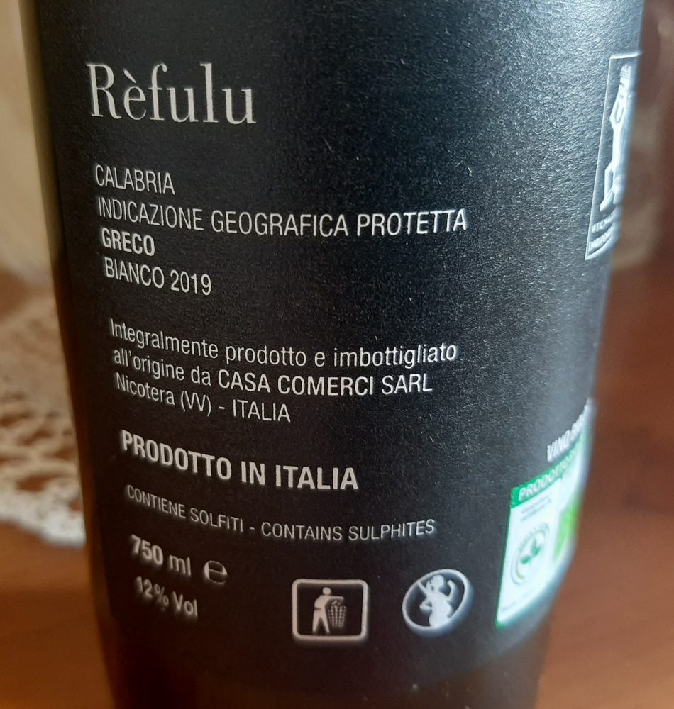 Controetichetta Refulu Greco Bianco Calabria Igp 2019 Casa Comerci