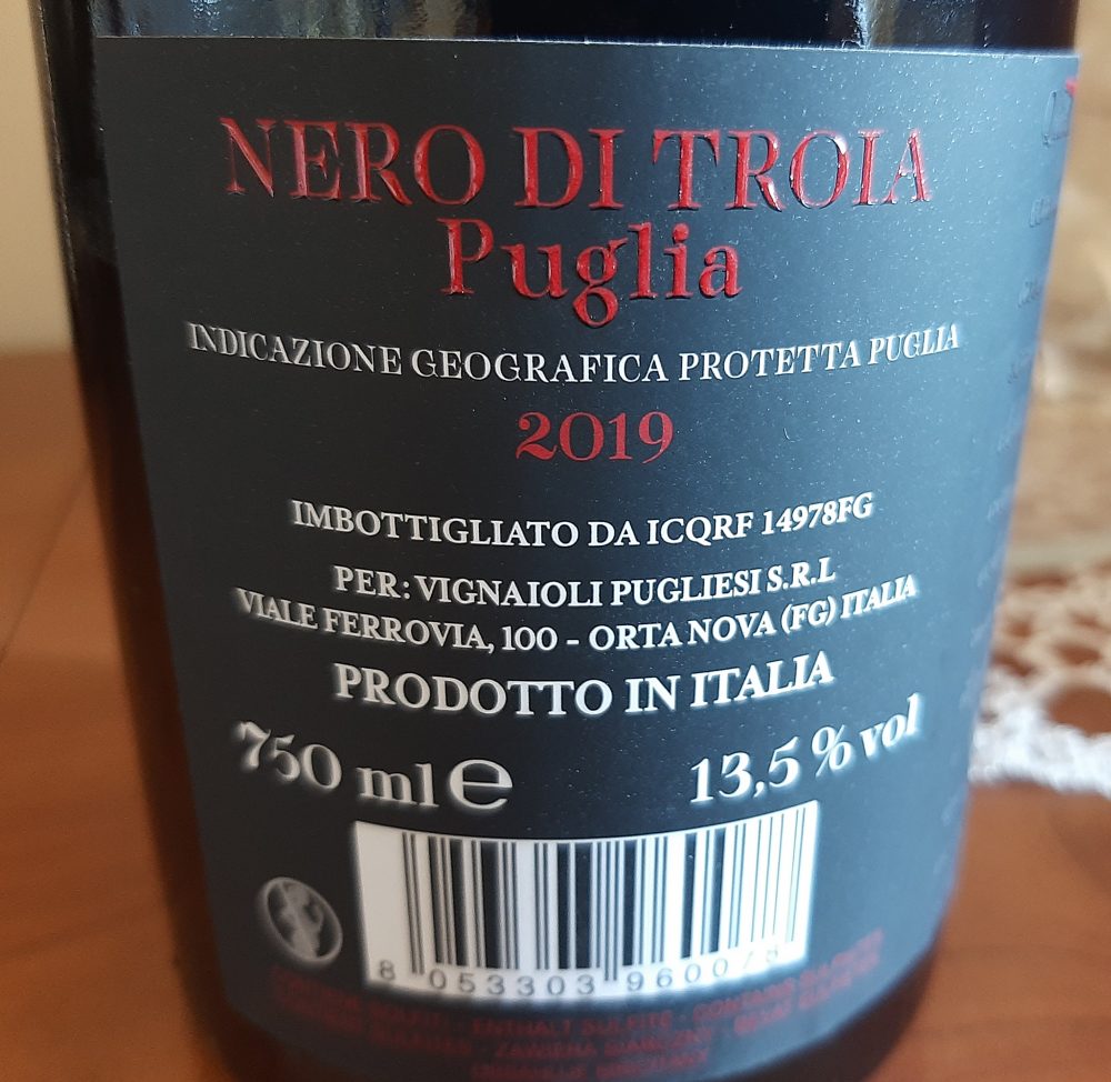 Controetichetta Versure 105 Nero di Troia Puglia Igp Vignaioli Pugliesi 2019