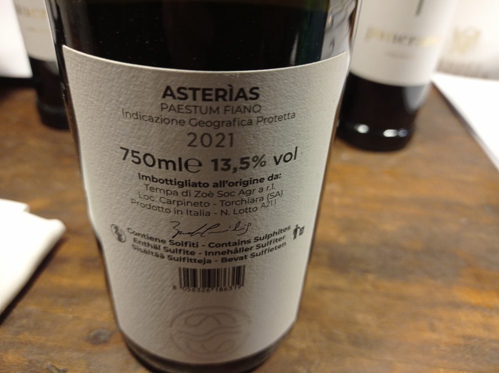 Controetichetta Asterias Fiano Paestum Igp 2021 Tempa di Zoe'