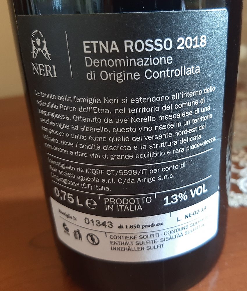 Controetichetta Etna Rosso Doc 2018 Agricola Neri