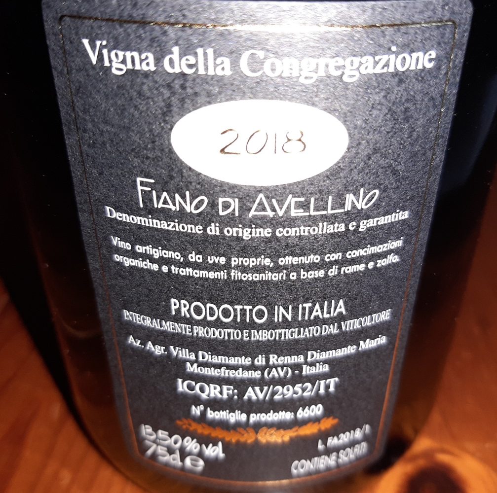 Controetichetta Vigna della Congregazione Fiano Docg 2018 Villa Diamante