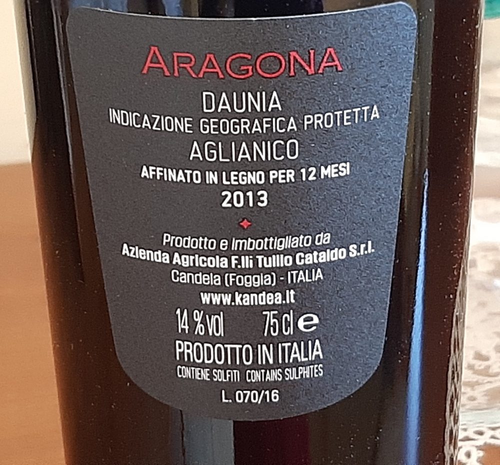 Controetichetta Aragona Aglianico Daunia Igp 2013 Kandea