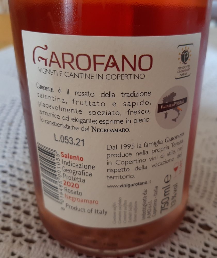 Controetichetta Girofle Negroamaro Rosé Salento Igp 2020 Garofano