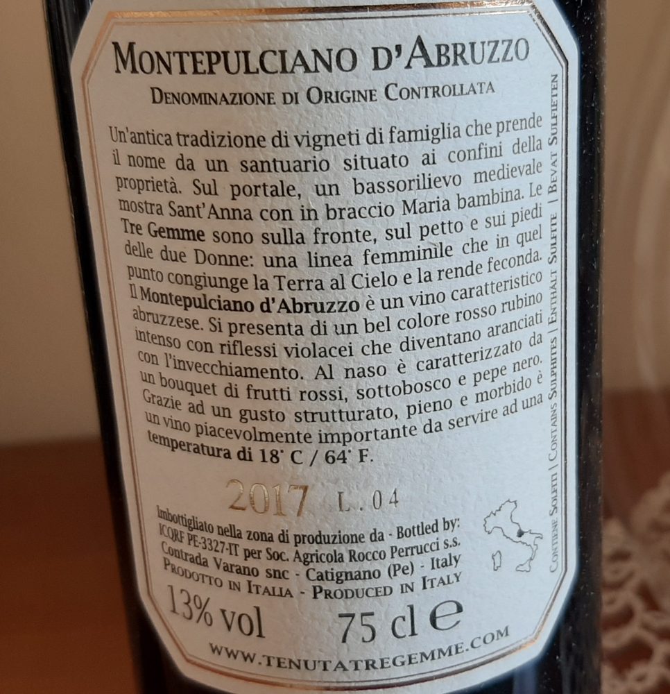 Controetichetta Montepulciano d'Abruzzo Doc 2017 Tenuta Tre Gemme