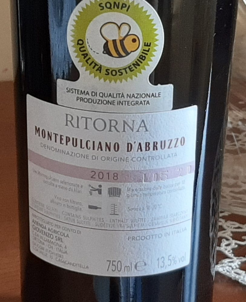 Controetichetta Ritorna Montepulciano d'Abruzzo Doc 2018 Giovenzo