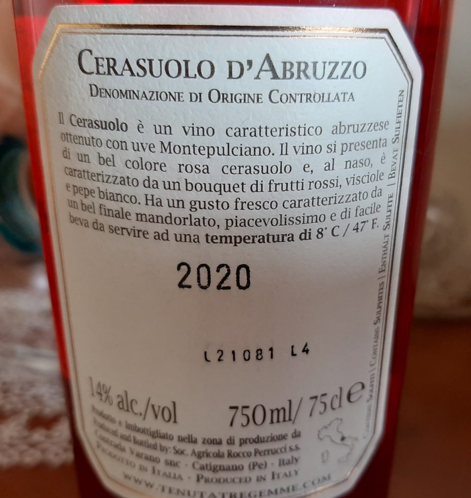 Controetichetta Cerasuolo d'Abruzzo Doc 2020 Tre Gemme