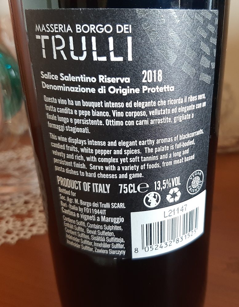 Controetichetta Salice Riserva Salentino Dop 2018 Masseria Borgo dei Trulli