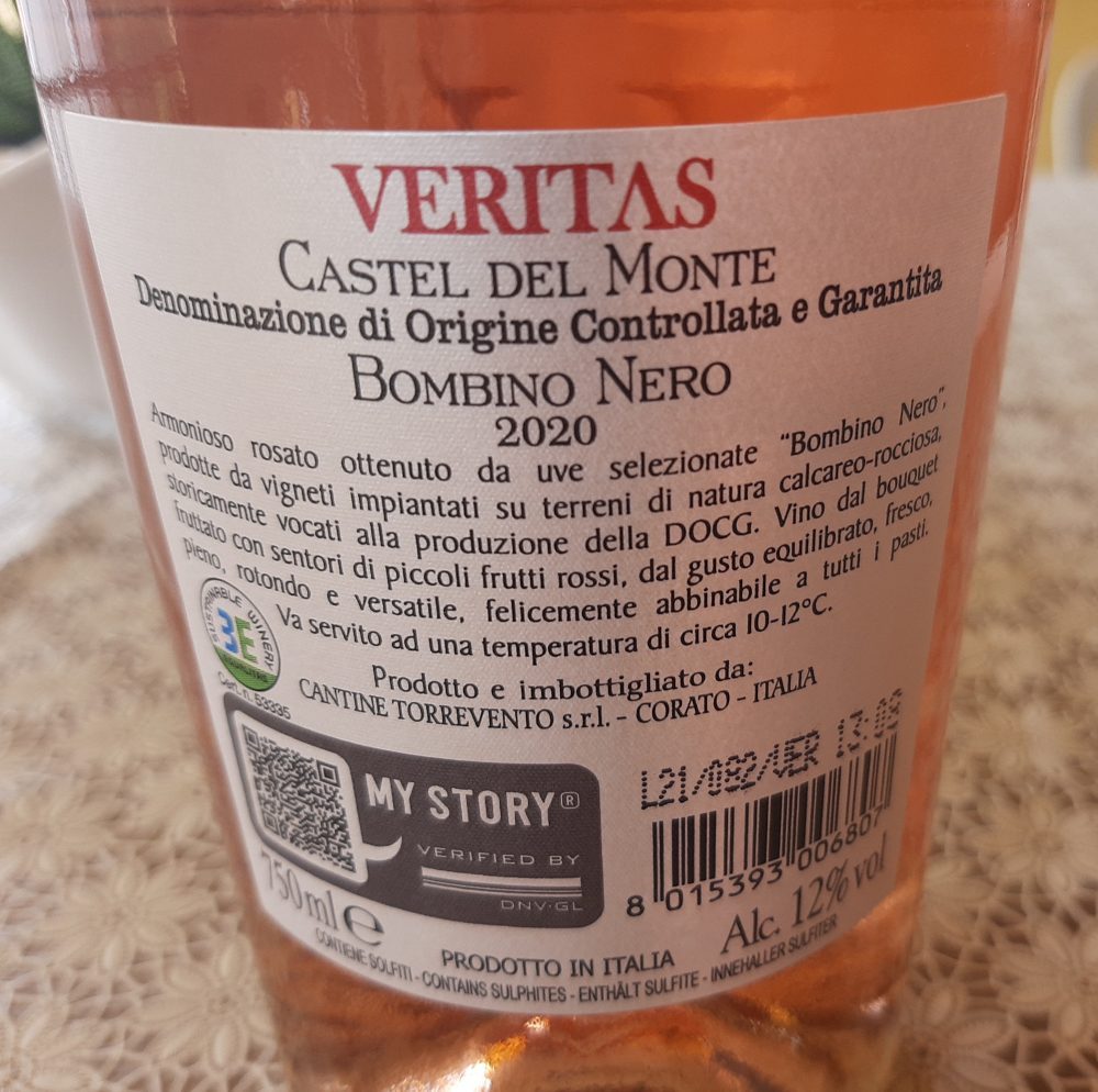 Controetichetta Veritas Rosato Castel del Monte Docg Bombino Nero 2020 Torrevento