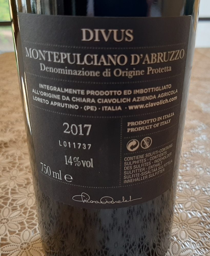 Controetichetta Divus Montepulciano d'Abruzzo Dop 2017 Ciavolich