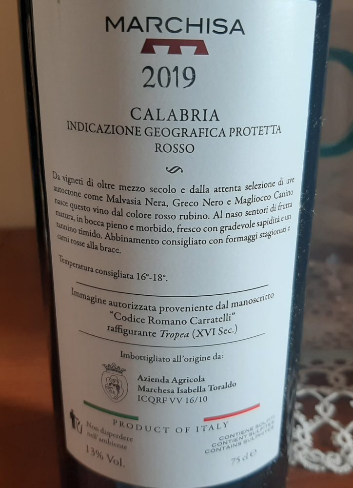Controetichetta Natus Rosso Calabria Igp 2019 Marchisa