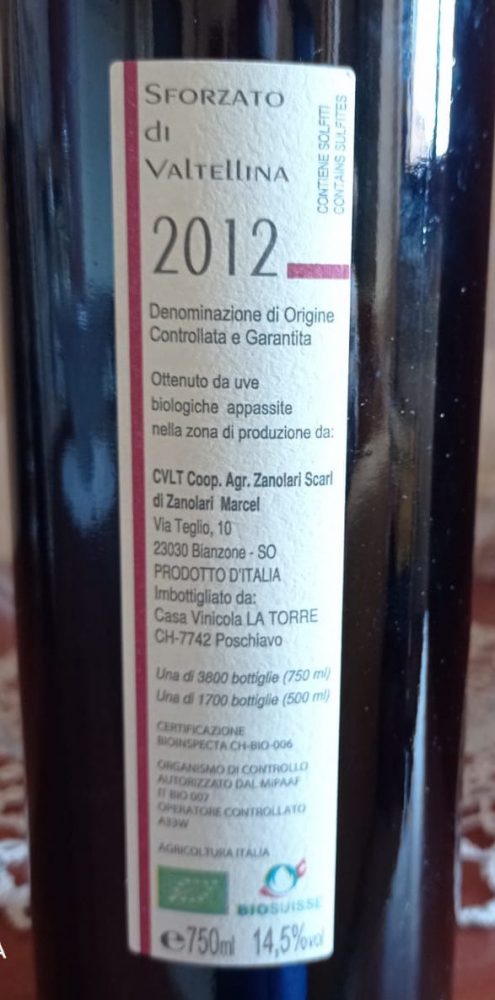 Controetichetta Sforzato di Valtellina Docg 2012 Zanolari