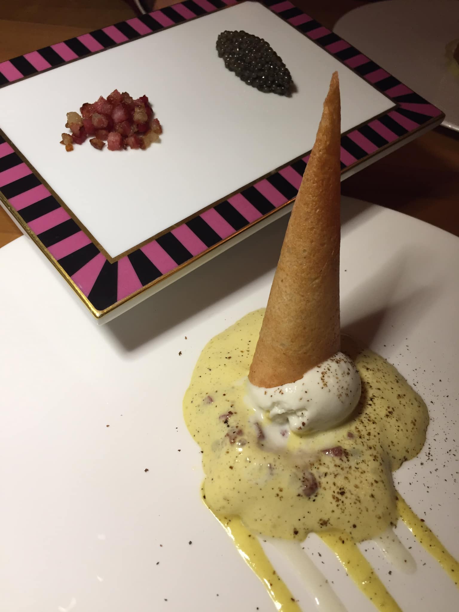 Osteria Francescana di Massimo Bottura, zuppa fredda di carbonara, Vissani 2020