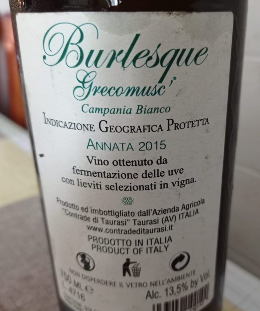 Controetichetta Burlesque Grecomusc Campania Bianco IGP 2015 Contrade dì Taurasi