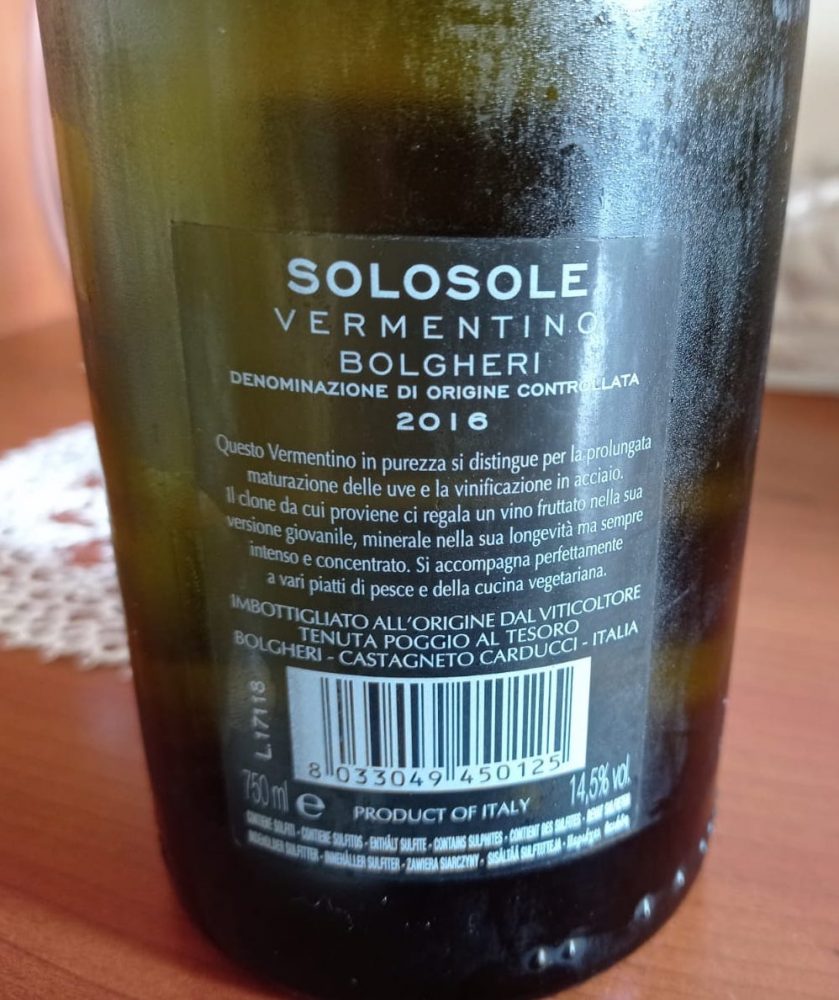 Controetichetta Solosole Vermentino Bolgheri Doc 2016 Tenuta Poggio al Tesoro