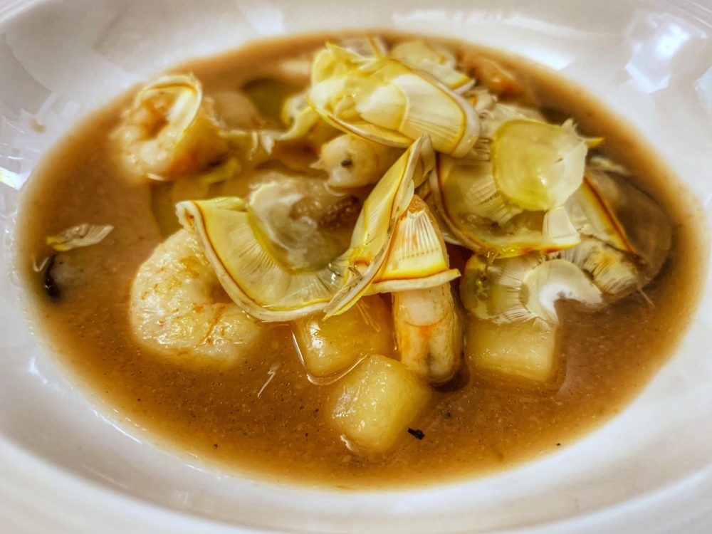 zuppa di funghi con ovuli e gamberi scottati, De Gustibus Palmi