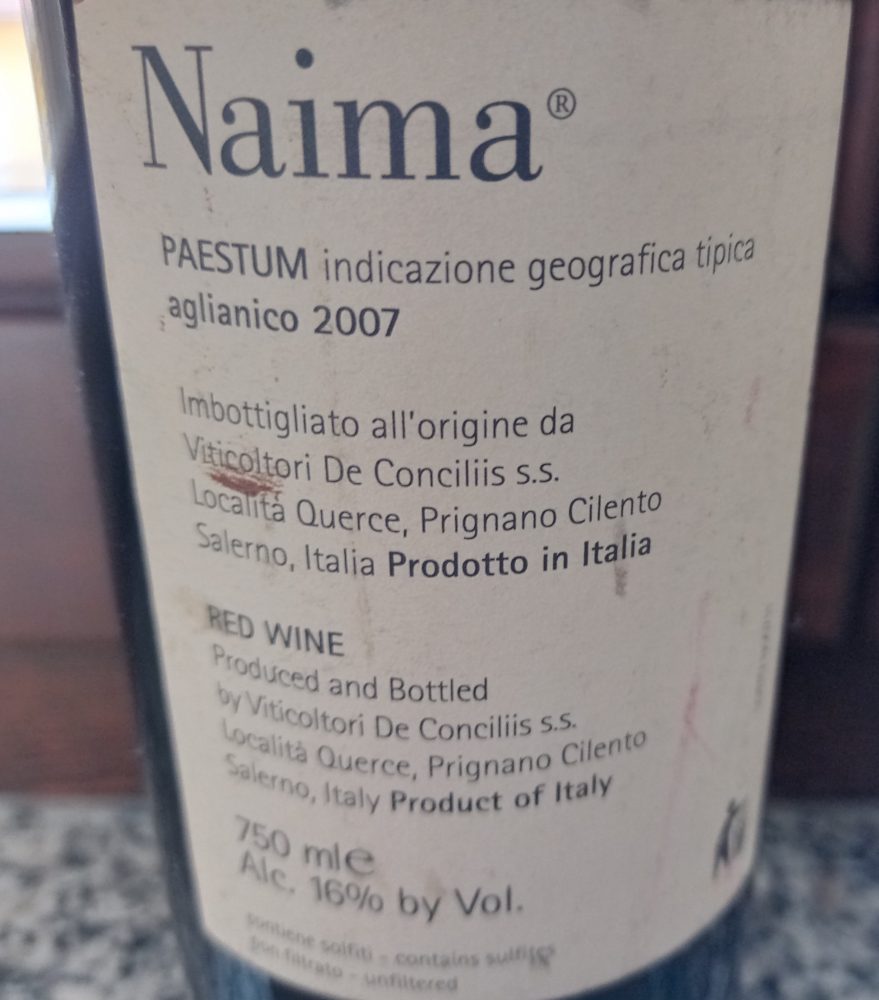 Controetichetta Naima Aglianico Paestum Igt 2007 Viticoltori De Conciliis