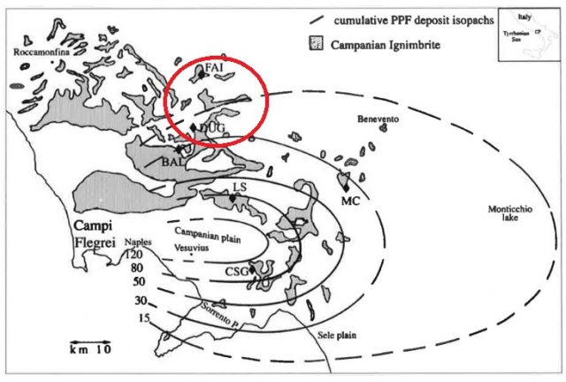 La "diffusione" di Ignimbrite Campana (nel cerchio rosso l'area di produzione della camaiola)