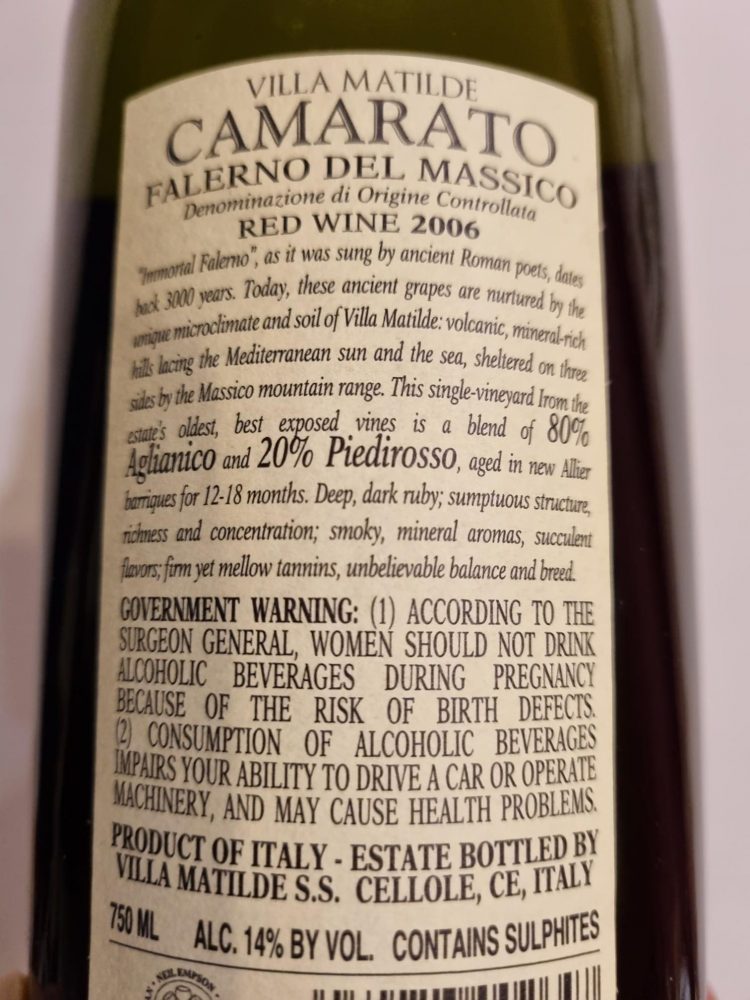 Villa Matilde – Falerno del Massico DOC Rosso Vigna Camarato 2006