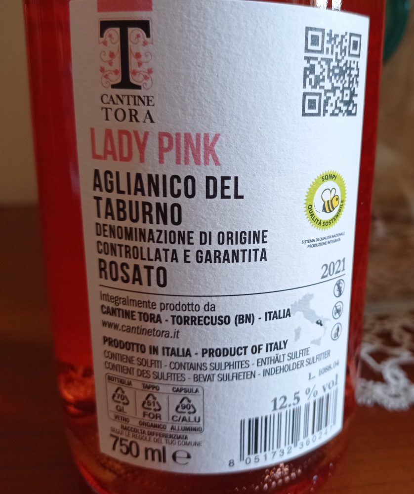 Controetichetta Lady Pink Aglianico del Taburno Rosato Docg 2021 Cantine Tora