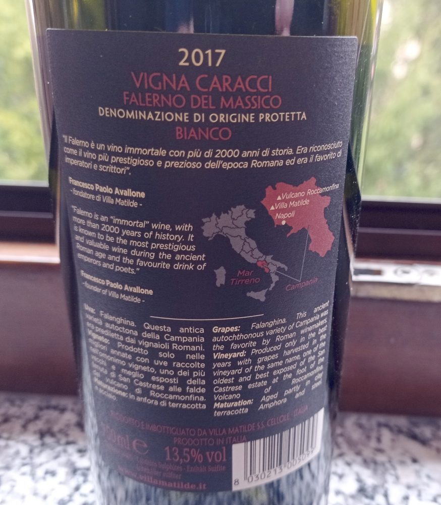 Controetichetta Vigna Caracci Falerno del Massico Bianco Dop 2017 Villa Matilde