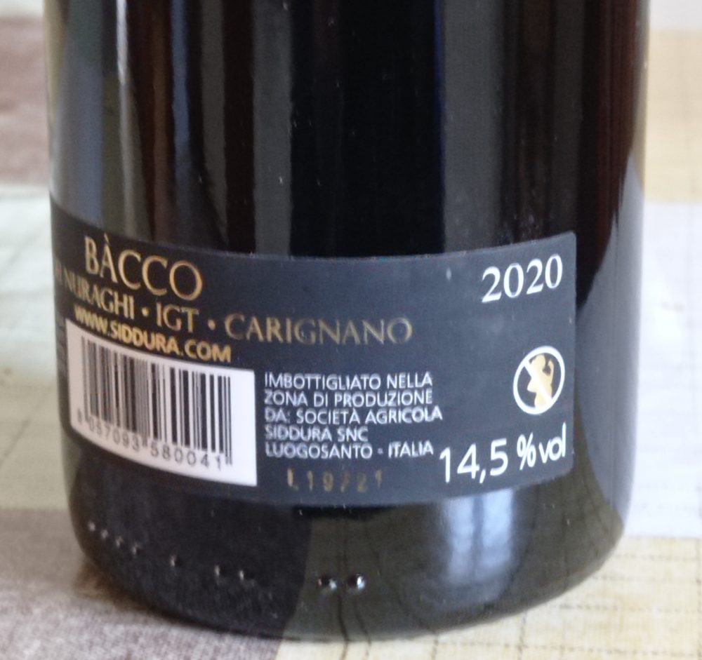 Controetichetta Bacco Carignano Isola dei Nuraghi Igt 2020 Siddùra