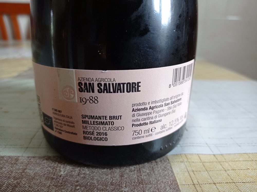 Controetichetta Gioi Spumante Brut Rose' Biologico MIllesimato Metodo Classico 2016 San Salvatore 1988