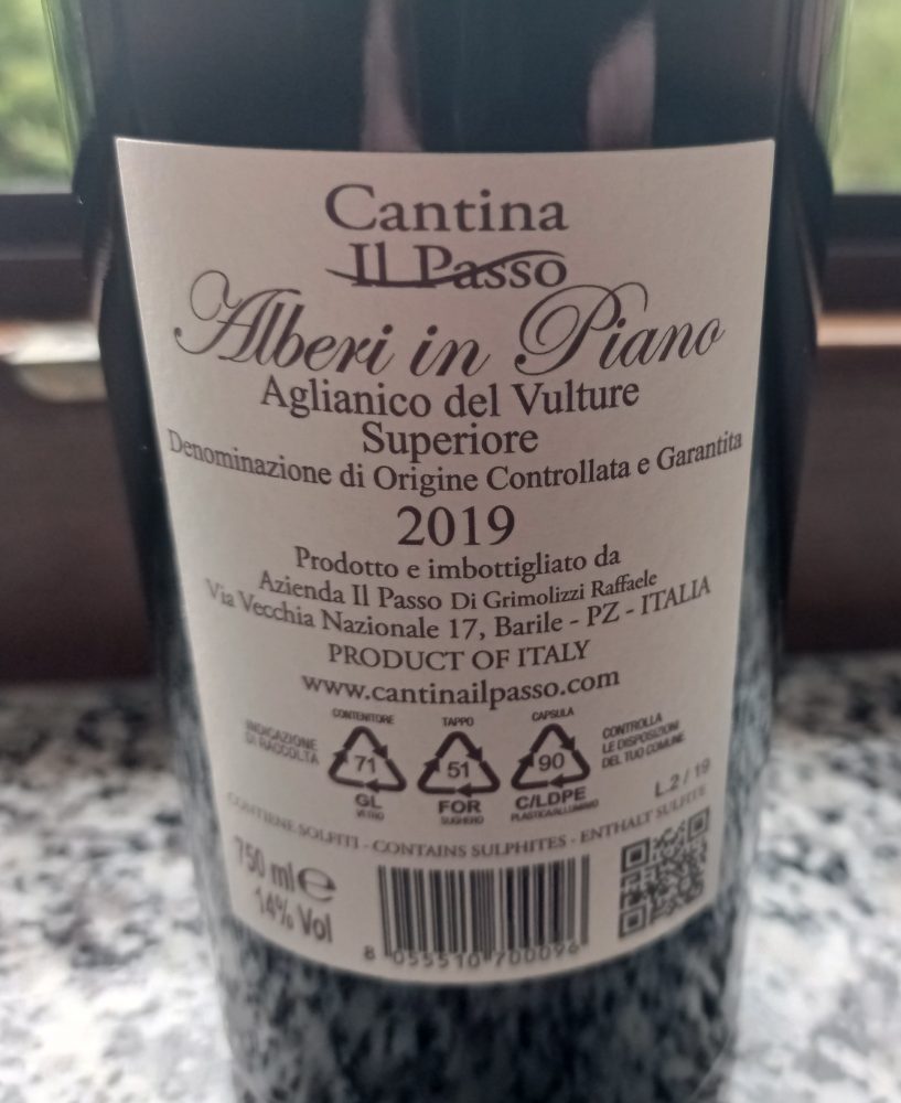 Controetichetta Albero in Piano Aglianico del Vulture Docg 2019 Cantina Il Passo