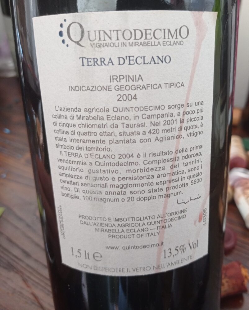 Controetichetta Terra d'Eclano Irpinia Igt 2004 Quintodecimo