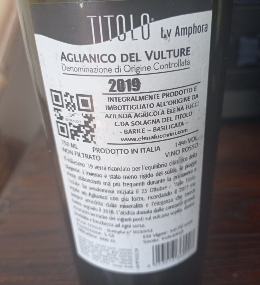 Controetichetta Titolo Aglianico del Vulture Doc by Anfora 2019 Elena Fucci