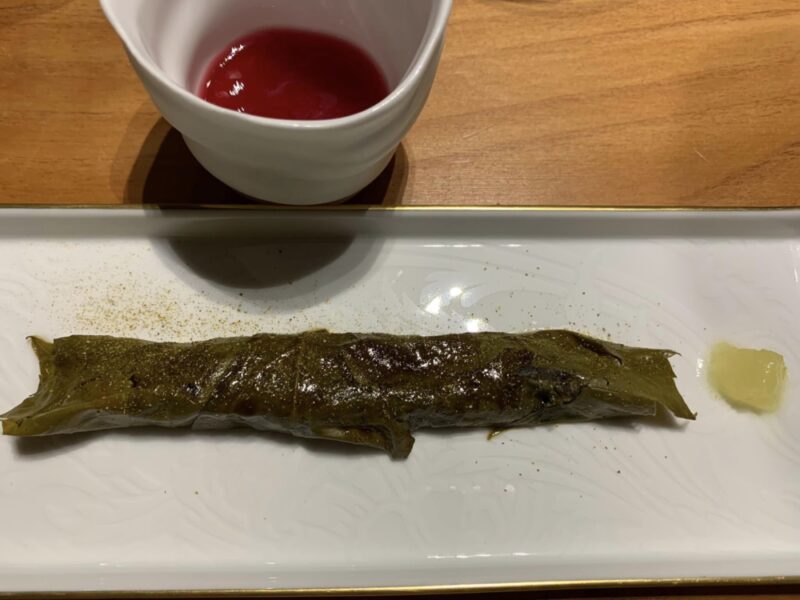 Ristorante Il Pagliaccio, carpaccio di coscia d'anatra in foglia di vite