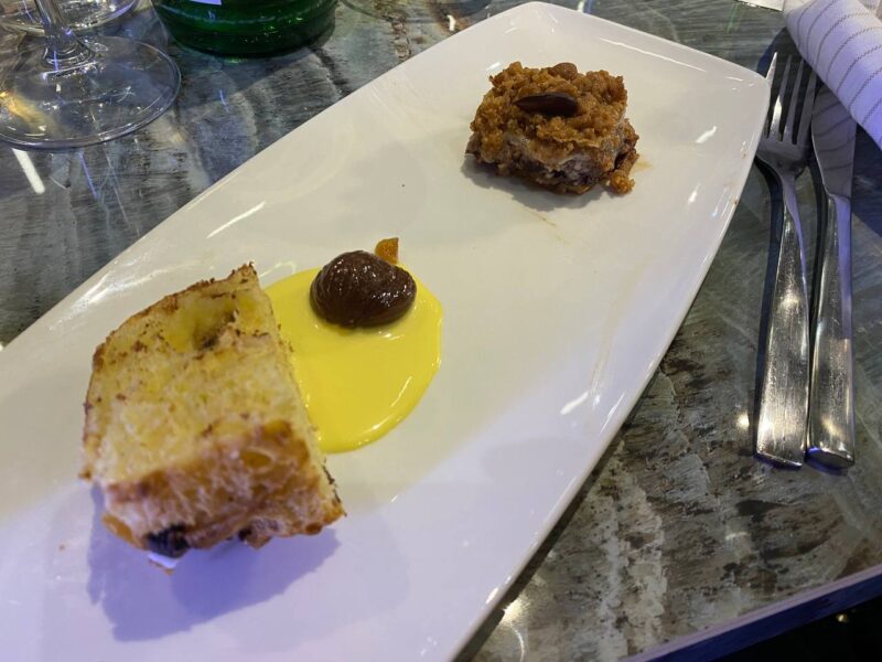 Lievitato d’autunno con marron glacé e crostata di ricotta e visciole con mandorle di Maccarese
